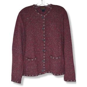 Woolrich Red Jacket Wool Tweed Knit Ruby and Gray LS Button Front Pockets Vintag